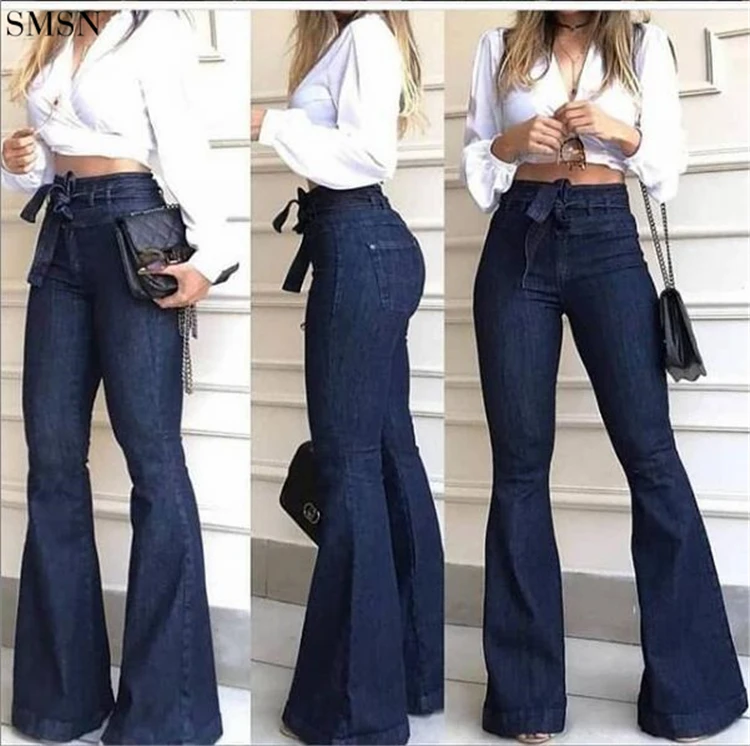 OSINA Hot Selling Solid Color Bandage Jeans Women Denim Bell Bottom Jeans For Women Clothing Women Jean