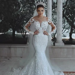 crystal beads sequins luxury bridal gowns wholesale Elegant woman Long sleeve see-through lace Sweep Train Mermaid wedding dress