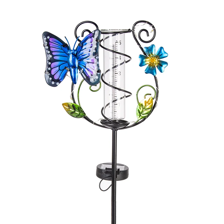 35'' Butterfly Rain Gauge Solar Rain Gauges with LED Light for Outdoor, Yards, Lawns, Pathway, Patio Butterfly