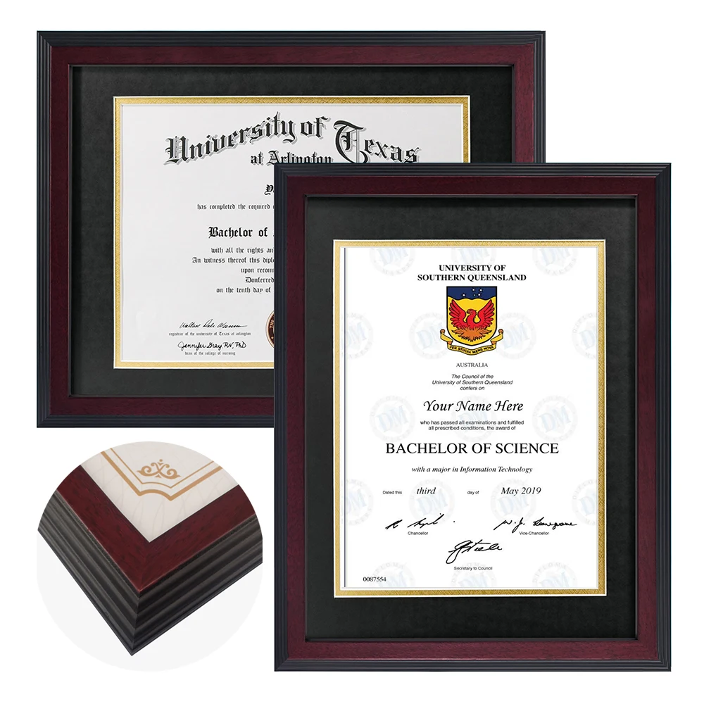 Detailed view of solid wood diploma frame construction and materials