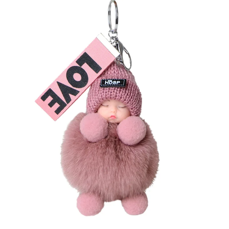 Cheap pink natural fox fur ball keychains with fur ball