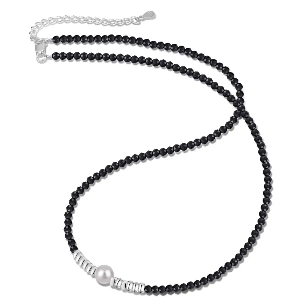 KAKODIY Luxury 925 Sterling Silver Natural Black Crystal Beaded Chain Women's Pearl Necklace detail 1