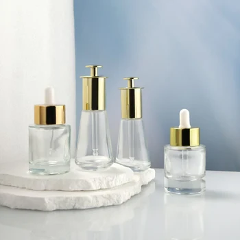 30ml & 40ml Clear Thick Bottom Glass Serum Dropper Bottle Silver Gold Wide Mouth Lid Hair Beard Oil Packaging Free Sample Boxed