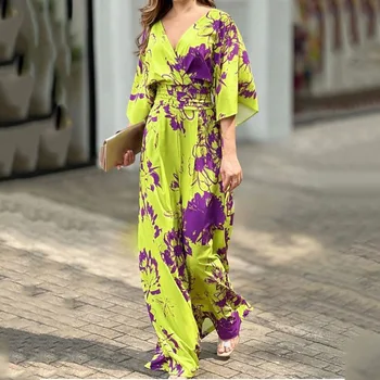 New spring/summer 2024 women's style is elegantly printed with loose dolman sleeves and a high-waisted jumpsuit