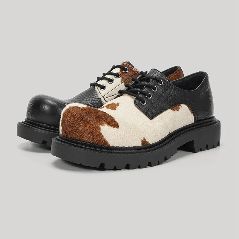 Xinzirain Customized Mohair Flat Loafers Unisex Size 35-44 Cow Printing Lace up Women Men Chunky Derby Shoes