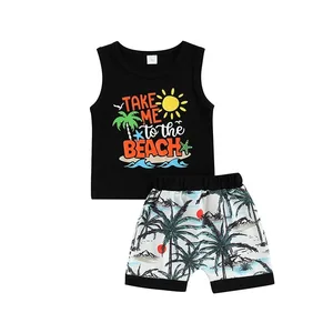 Customizable Summer Boys Clothing Sets Beach Vest Coconut Tree Shorts Casual Two Pieces Kids Clothing Sets