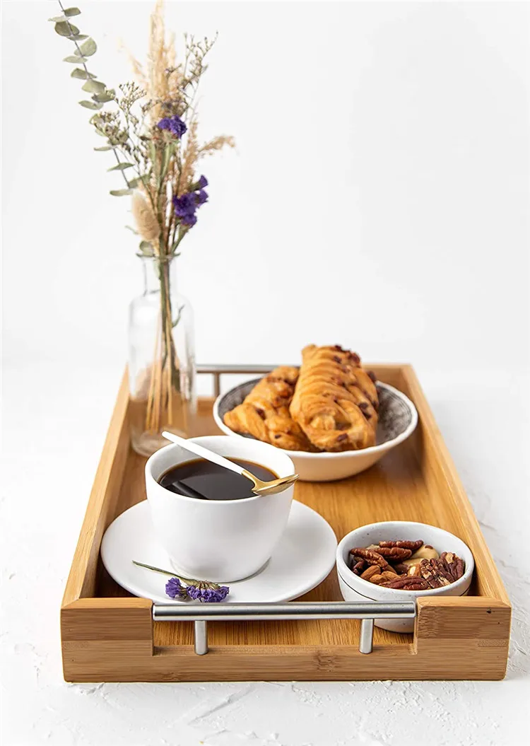 Bamboo Handmade Wood rectangular Serving Tray with metal handle