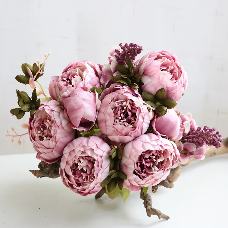 Hot Sell 6 Flowers 2 Buds Silk Fabric Artificial Flower Bouquet Peony ...