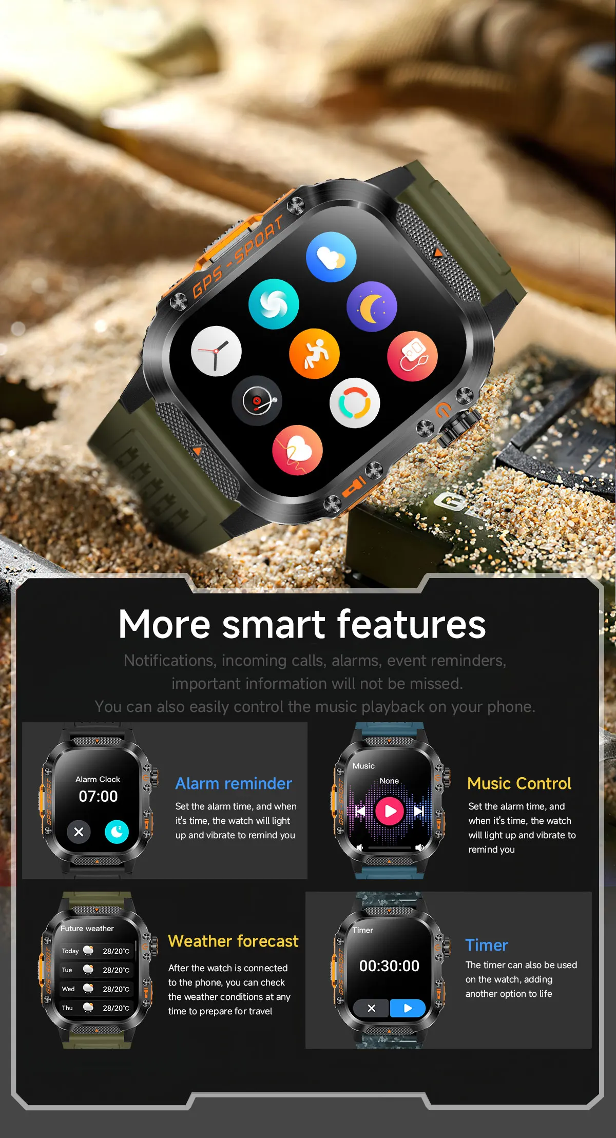 product laudtec sport flash light smart watches heart rate health monitoring gps smartwatch waterproof outdoor sports watch sb003-8