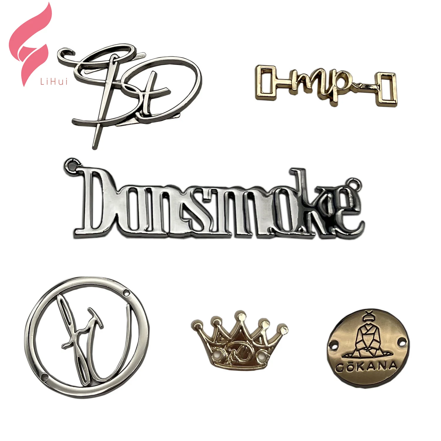 Custom Badge Design Tag Plate Small Brand Label Embossed Make Engraved Clothing Wallet Plaque Letter Handbag Metal Logo