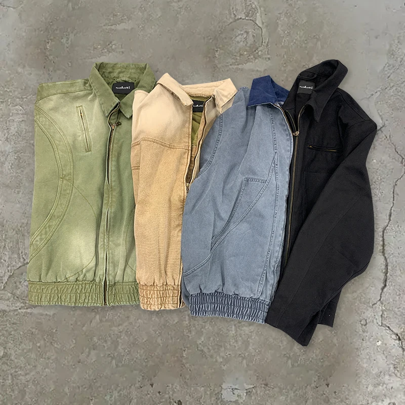 Customized Workwear Jacket Zip up Cotton Duck Canvas Faded Acid Wash Distressed Vintage Carpenter Detroit Work Bomber Jacket Men gallery 2