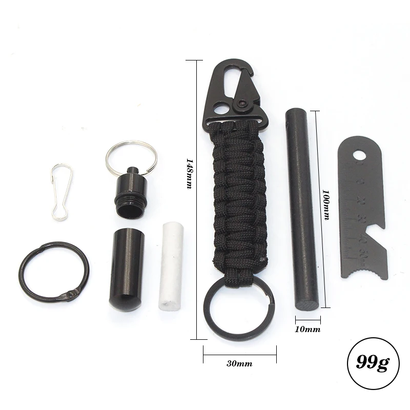 EDC Outdoor Survival Paracord Keychain Kit with Fire Starter Rod Waterproof Capsule Tinder