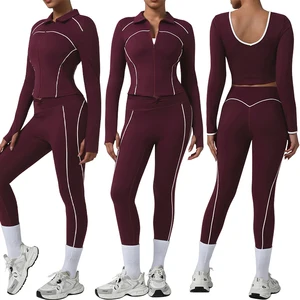 LD0004+LD0005+LD0006  Blocking Color Crew Neck Long Sleeve Top Twist Waist Leggings Zipper Jacket Set