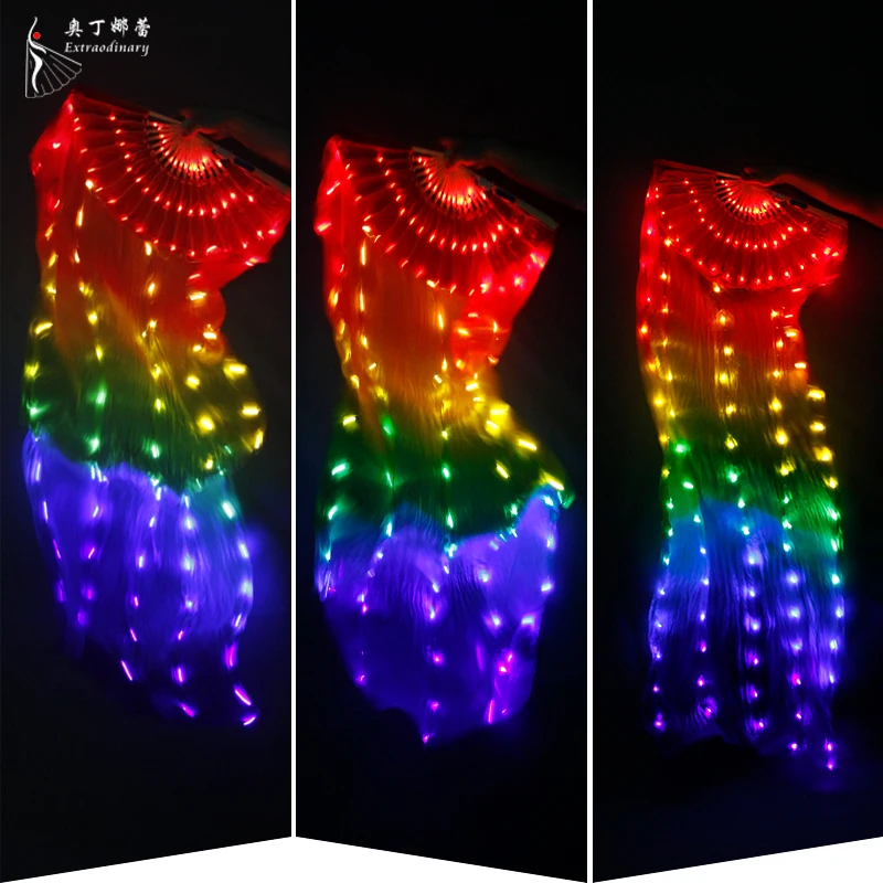 カラフル LED ファン ベリーダンスパフォーマンスファンレインボー LED 新しいベリーダンスLEDシルクファンベールカラフルなステージ