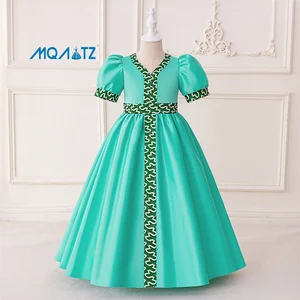 MQATZ New Summer Green Brocade Puffy Skirt Robe Middle Eastern Muslim Evening Dress Puff Sleeve for Children's Festival