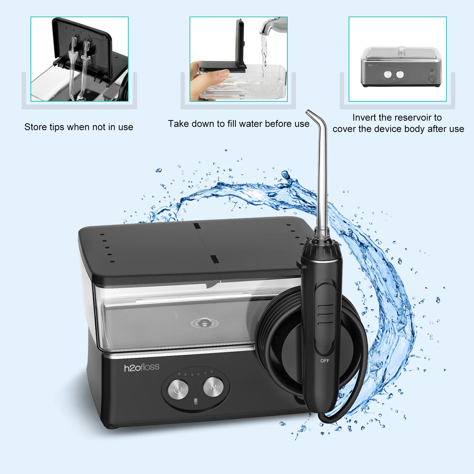 H2ofloss HF-3 Pro Countertop Water Flosser with 425ml Water Tank 50-150 PSI Water Pressure and 2500mAh Battery