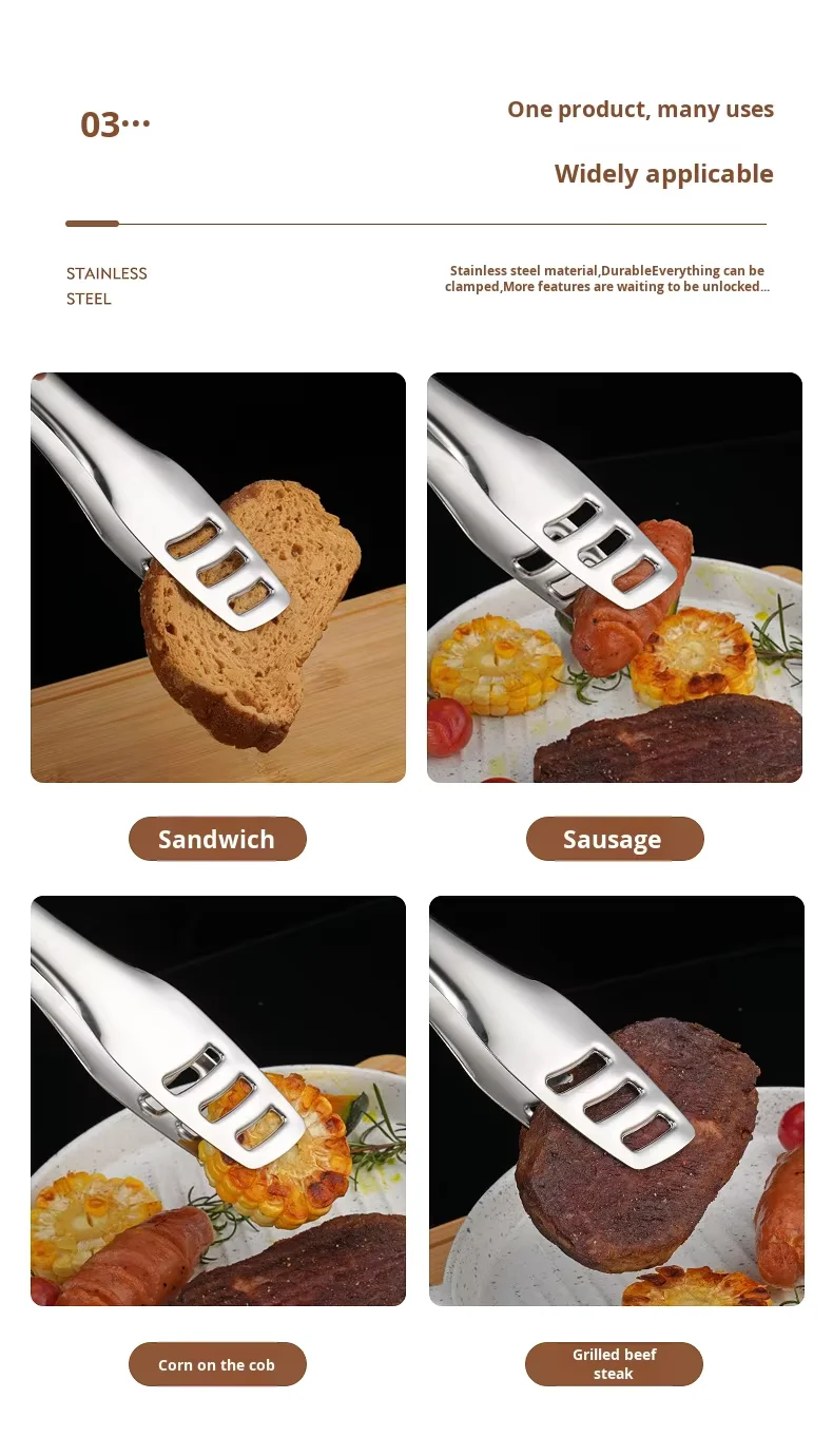 product commercial grade multi purpose food serving steaks clips thickened 304 stainless steel bbq grill tongs for restaurant buffet-3
