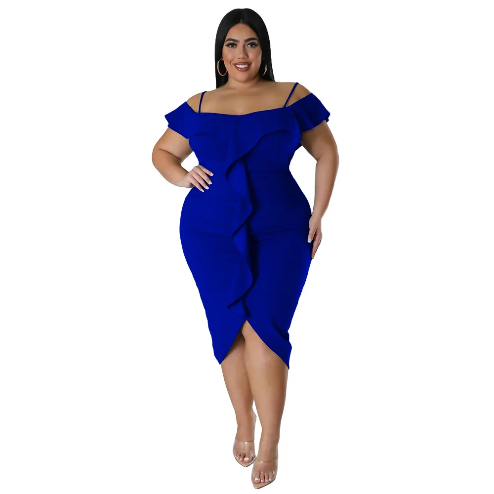 2023 Ladies Solid Color Dress Mid Length Dresses Ruffles Plus Size Bodycon Dress Buy Bodycon 6270