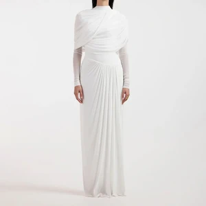 ZHYT 73359 Clothing Manufacturer Female Elegant Party Dress for Women Pleated Stretchy Long Sleeve Long White Evening Dress