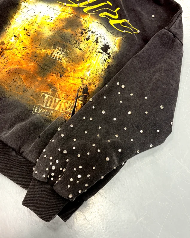 SALATI High Quality Custom Winter French Terry Digital Printing Sleeve Rhinestones Oversized Cropped Pullover Black Hoodie gallery 2