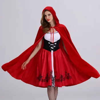 New Little Red Riding Hood Halloween Costumes Party Sexy Role Playing Fairy Tale Character Print Dress Cloak 2pcs Set Costumes