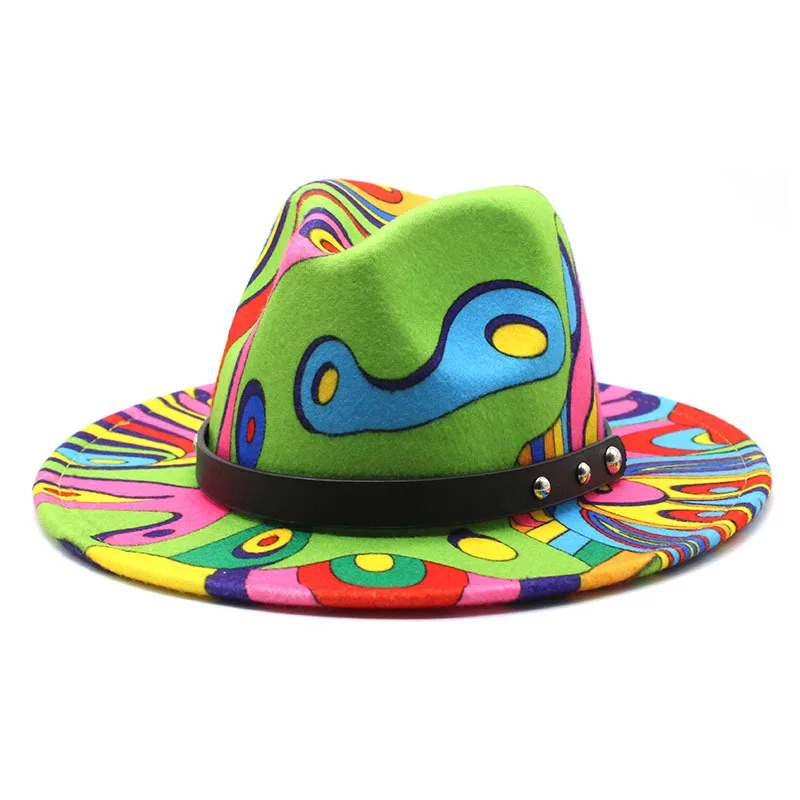 Wholesale Cheap Graffiti Print Polyester Cotton Wool Felt Gangster Fedora  Hats Men