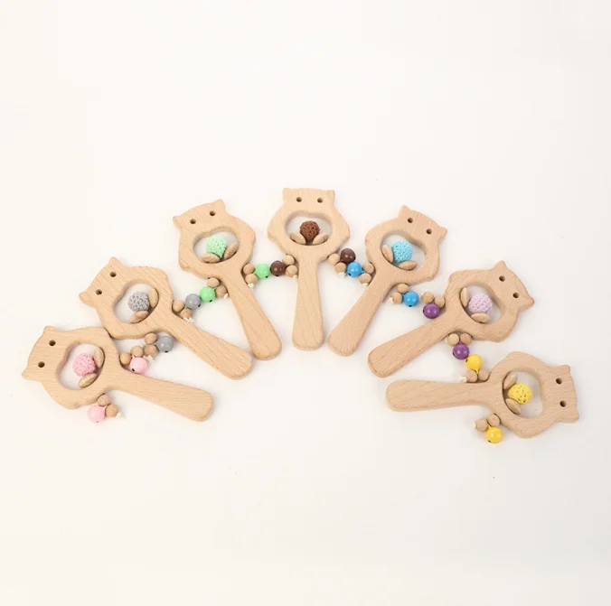 Wholesale Natural Beech wood educational toys Wooden Baby Rattle Owl Teething toys infant Training Sensory toy