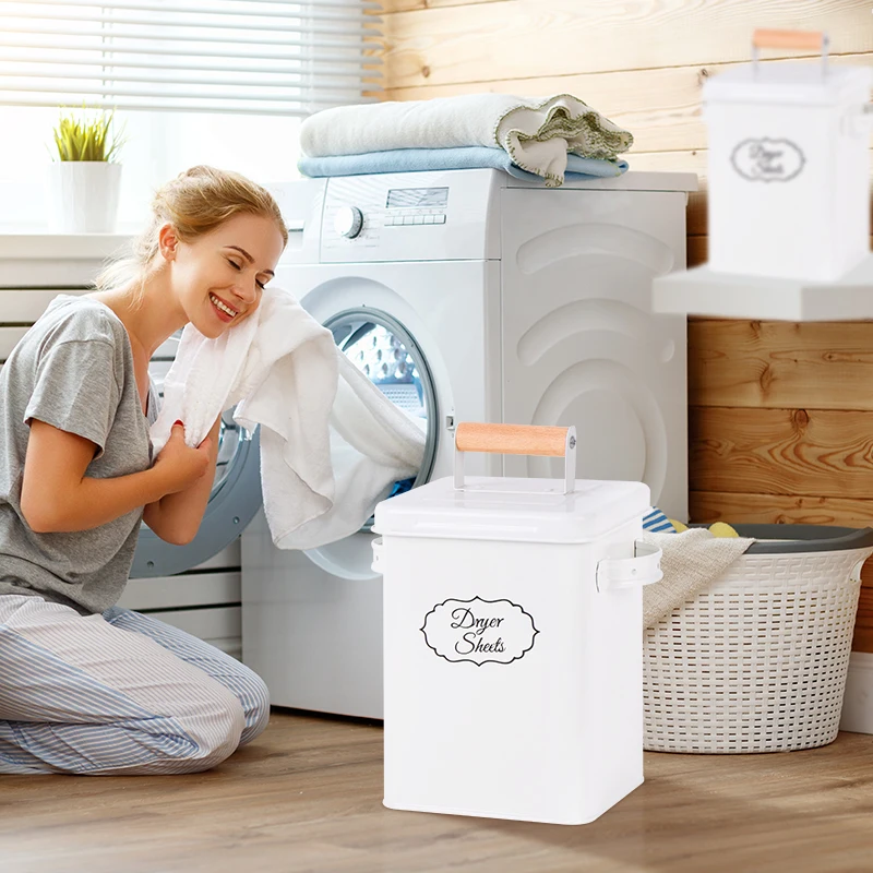 Different Sizes Metal Sealing Square Laundry Lint Bin White Metal Storage Bucket Galvanized Iron with Wood Lid