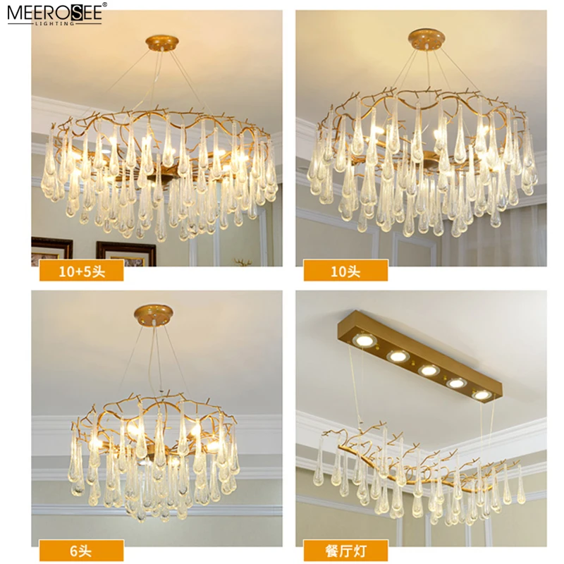 Meerosee Zhongshan Luxury gold pendant light Iron Teardrop Crystal chandelier for Hotel Villa MD86757