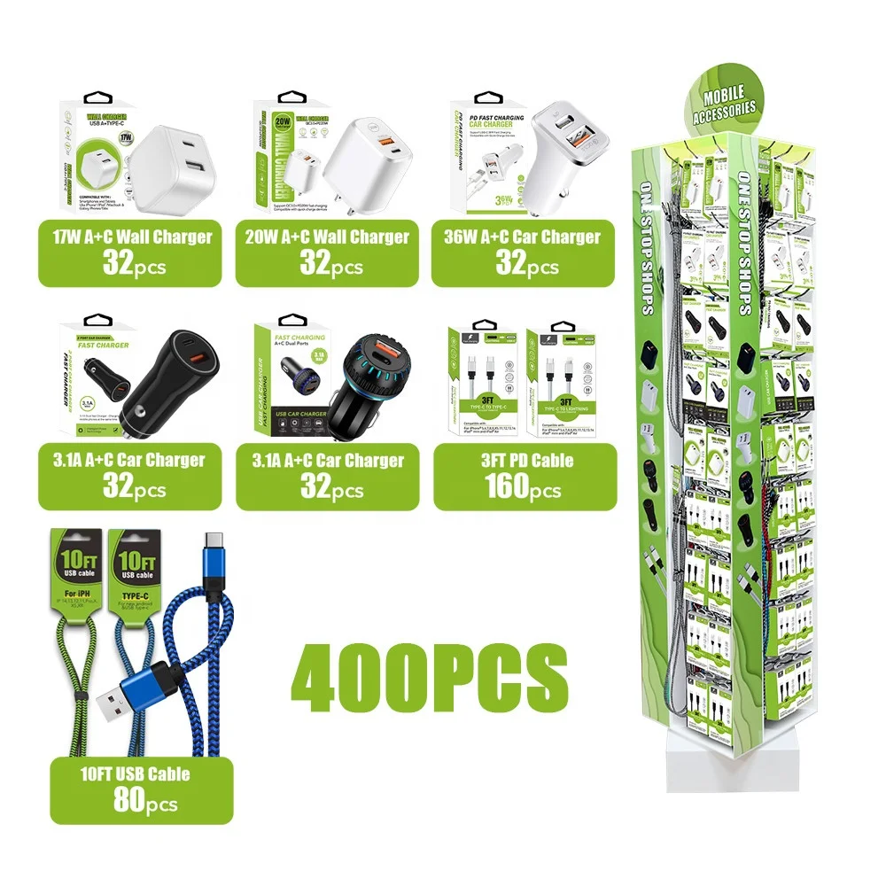 Wholesale Mobile Phone Accessories Floor Display Pack Items With Wall Charger Car Charger USB Cables for All Smartphones