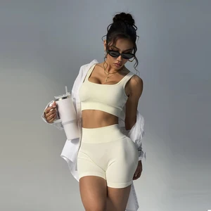 2-Piece Shorts Elastic Seamless Durable Stitching Yoga Wear Pilates Sports Workout Set Ribbed Compression Workout Yoga Set