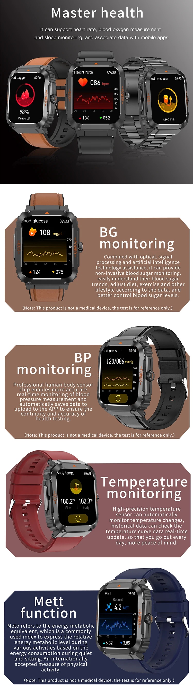 ET550 BT Calling NFC Blood Oxygen glucose pressure Monitoring with ECG AI medical diagnosis fitness tracker Smartwatch Et550