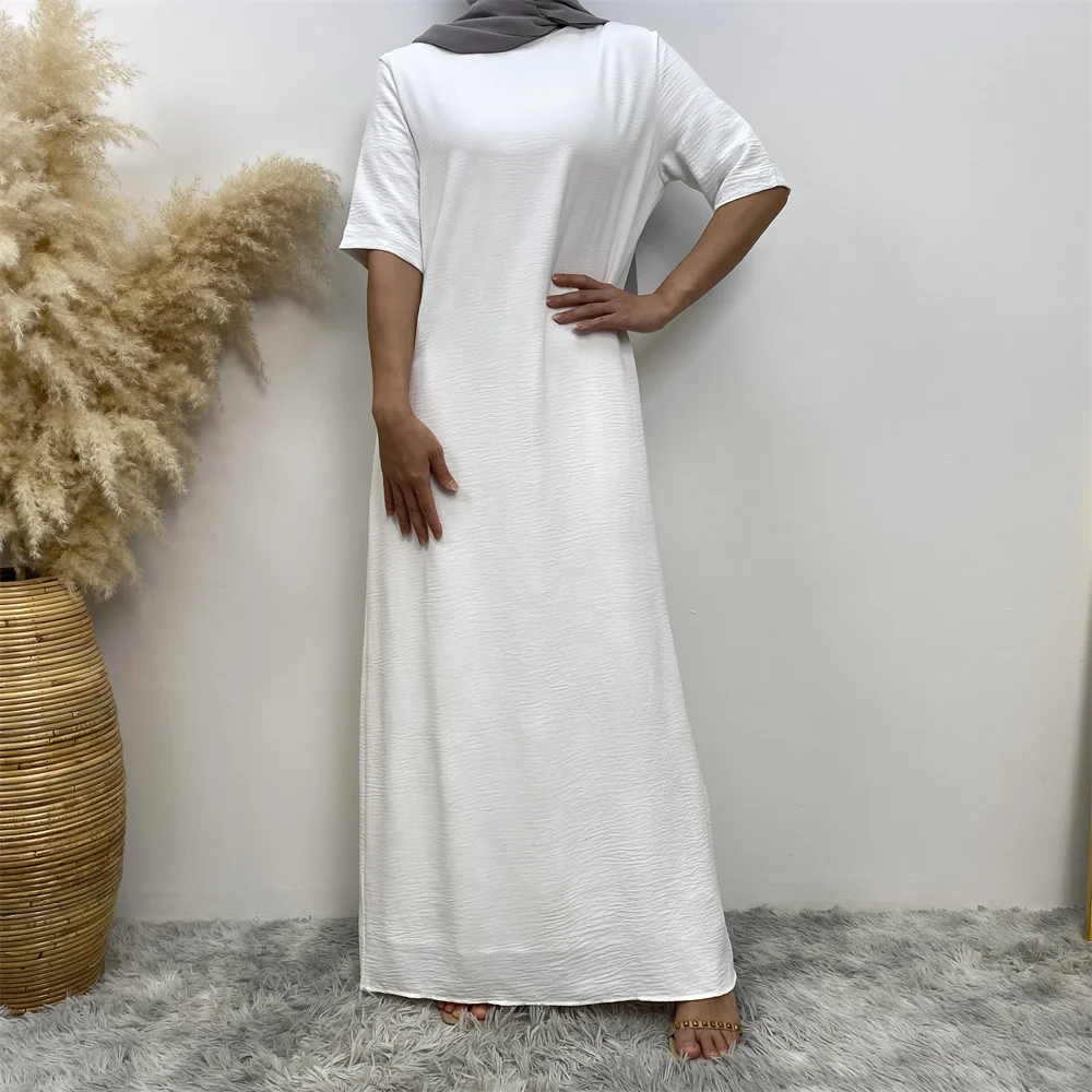 6722# White Short Sleeves Wrinkle Crepe Slip Dress Modest Elegant