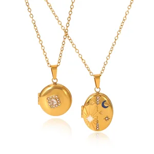 MW Vintage Jewelry 18K Gold Plated Stainless Steel Epoxy Moon Star Design Engrave Oval Photo Box Pendant Necklace for Women