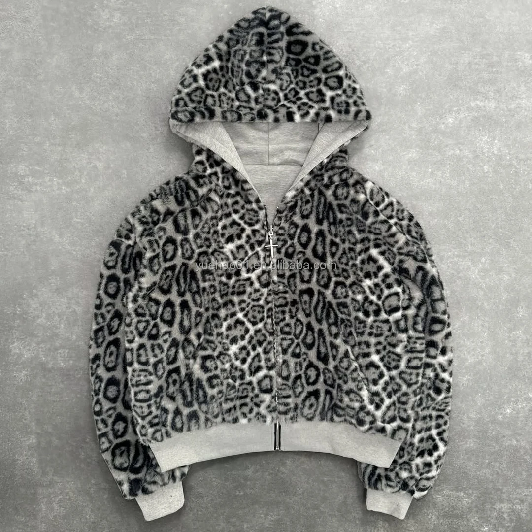 平成系　Leopard Layered Zip-up Hoodie フーディ Custom Leopard Print Faux Fur Heavyweight Zip-Up Hoodie for Men
