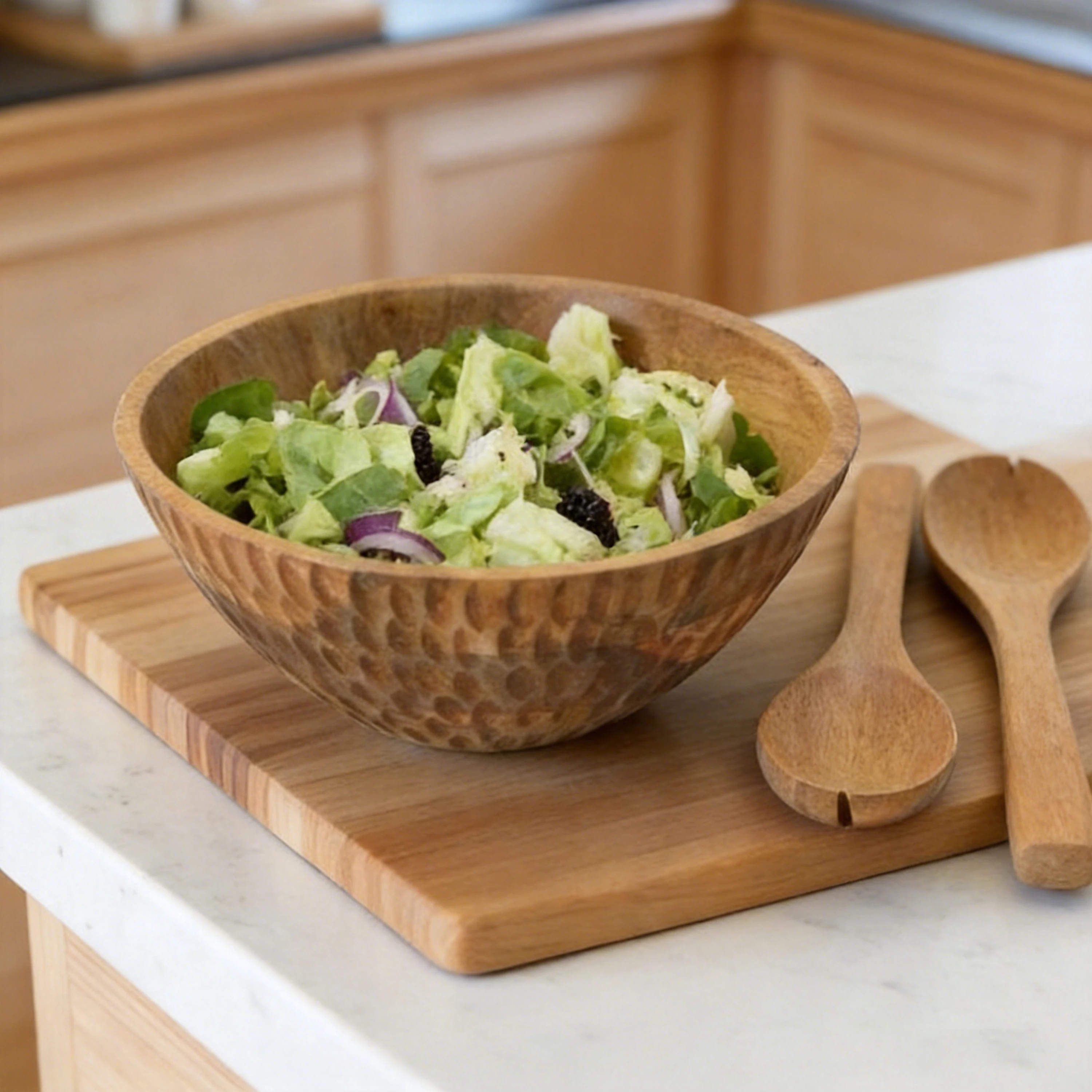 Custom Acacia Wood Salad Bowl Serving Board Hand Carved Wooden Bowl Set for Fruit Salad