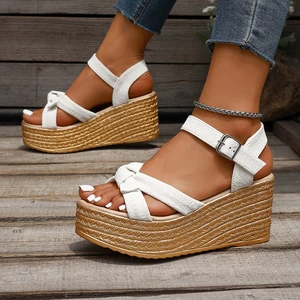 Women's White Platform Wedge Sandals with Buckle Strap Trendy Summer Footwear for Casual Wear