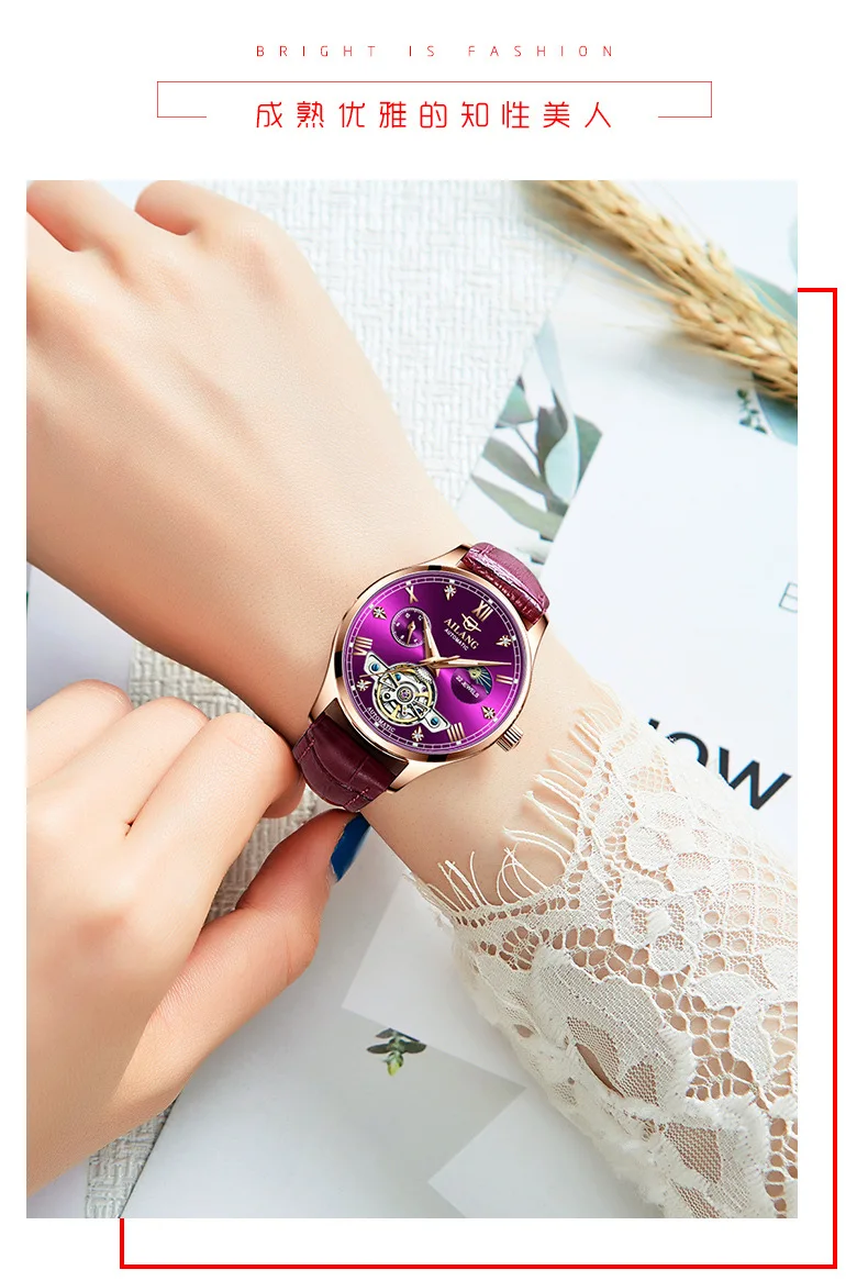 Montres mécaniques automatiques pour femmes, montres-bracelets diamantés pour dames, montre en cuir Rose, étanche 30m, horloge lumineuse