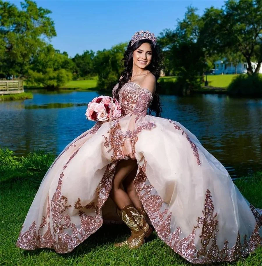 Mumuleo Red Royal Blue Sequined Lace Quinceanera Dresses Ball Gown Rose  Gold Sequins Sweetheart With Sleeves Ruffles Party Dress