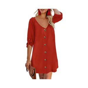 Women's Summer Casual Swing Mini Dress Strappy Button V Neck Sleeveless A-Line Beach Sundress with Solid Pattern Woven Washable