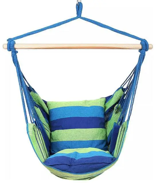 Outdoor camping cradle hanging chair rainbow striped canvas swing dormitory leisure hanging chair with 2 cushions