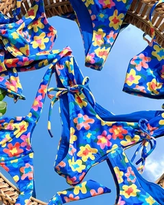 Custom Halter Underwire Women Swimsuit Drawstring Tie Front Two Pieces Bikini High Waist Triangle Floral Swimwear