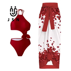 JSN 2026 New 3D Flower Hollow Out Halter Design Bathing Suits Woman Swimming Suit Female Swimwear With Sarong