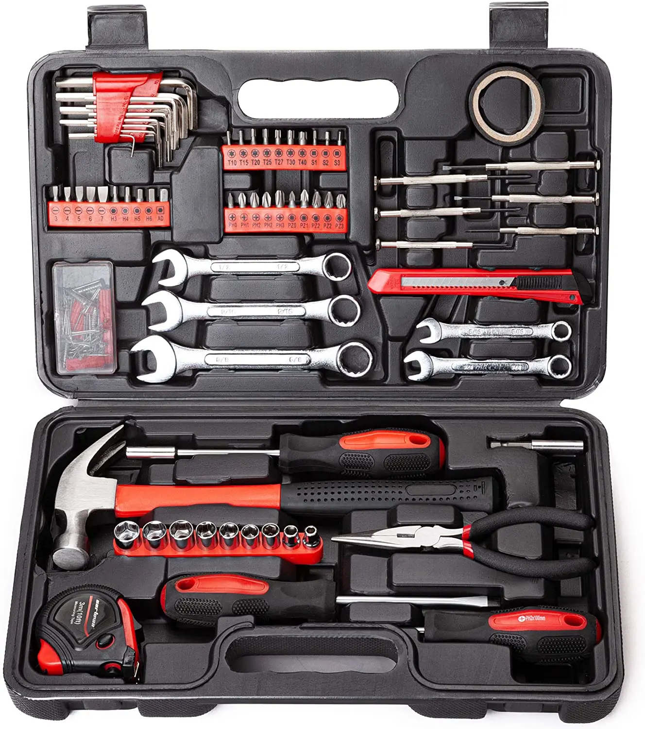 Cartman 148Piece Tool Set General Household Hand Tool Kit with Plastic Toolbox Storage Case Socket and Socket Wrench Sets