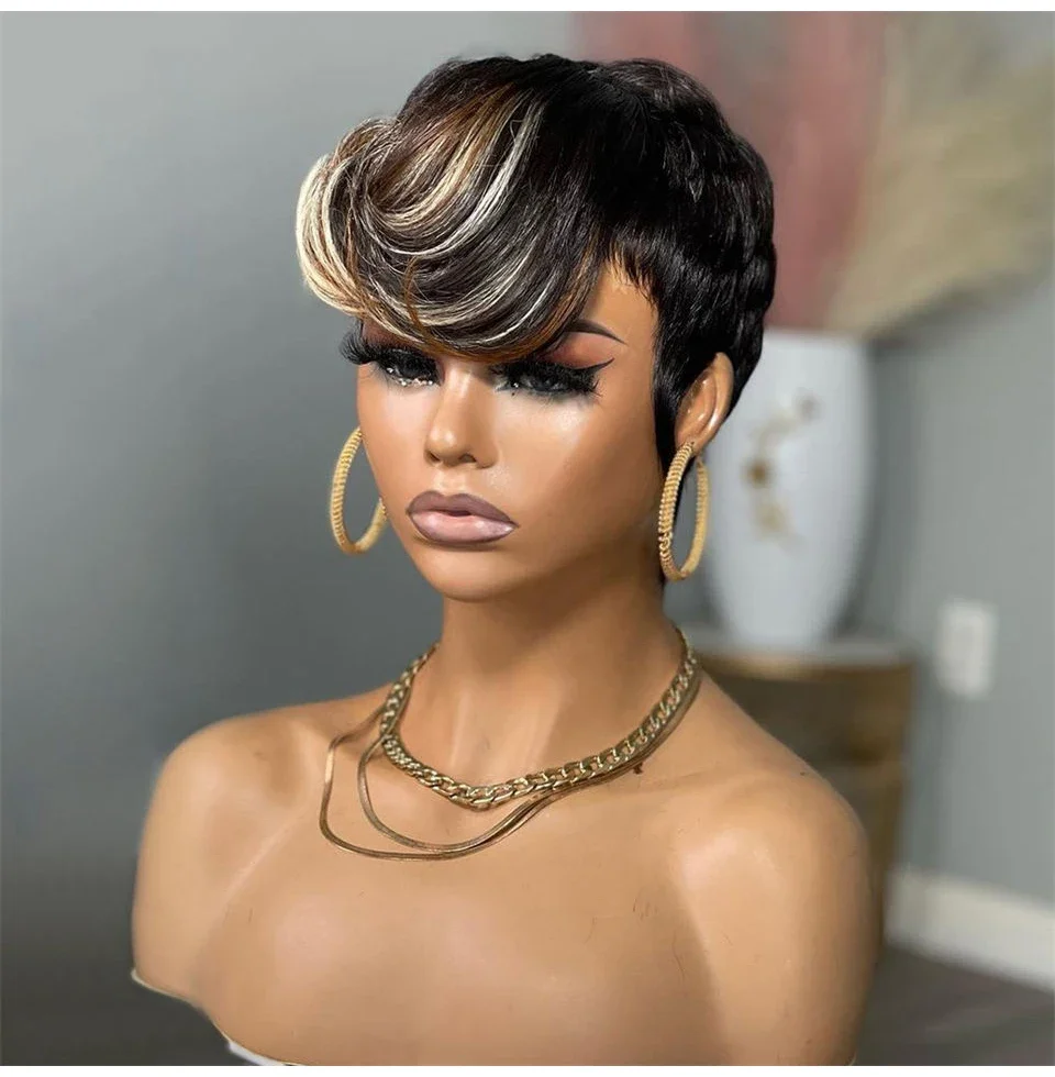 Human Hair Pixie Cut Wig With Highlights Blonde Green Bob Style_voghion.com