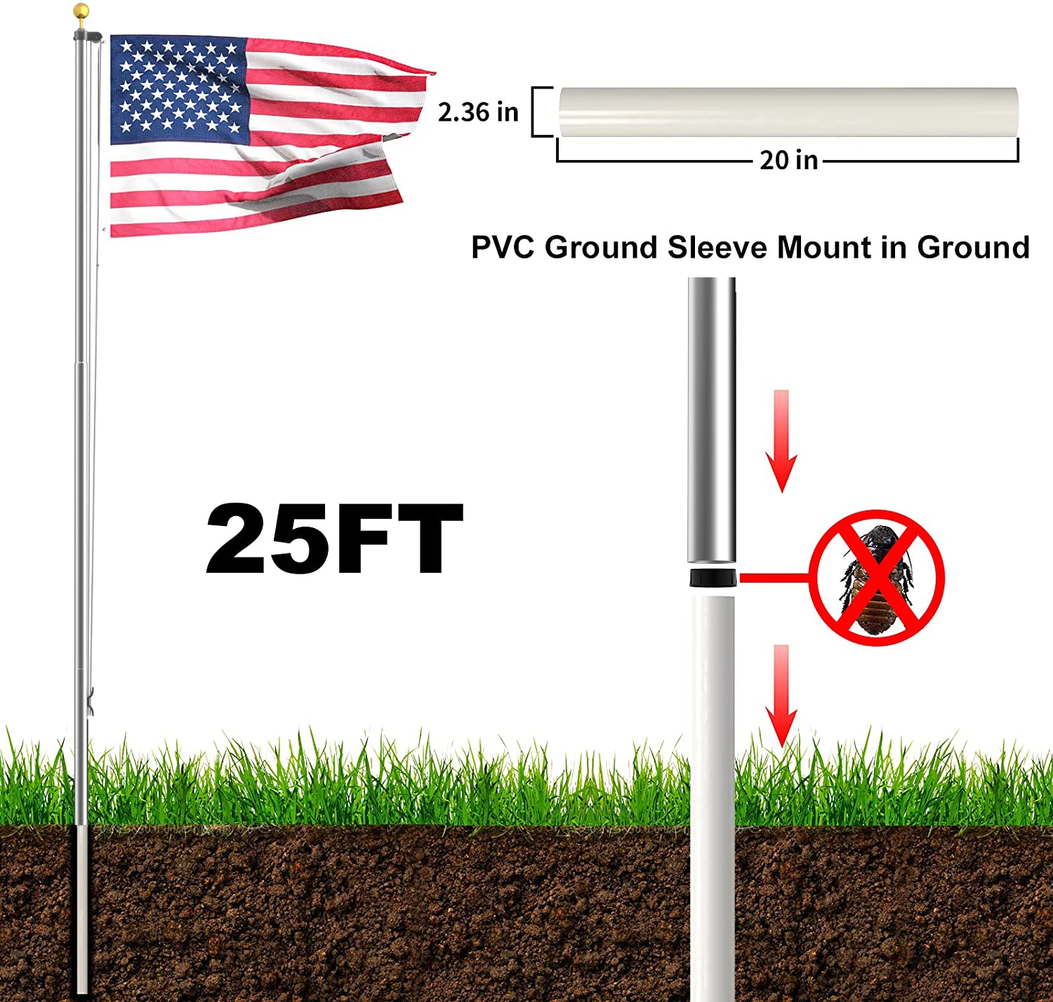 Cydisplay 7.6m Silver 25ft Aluminum Heavy Duty Commercial Flag Pole ...