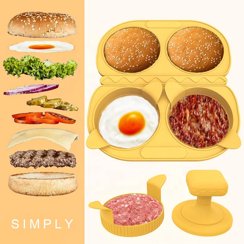 Eco-friendly Non Stick Silicone Burger Bun Mold Silicone Baking Bread Mold 4 Cavity Silicone Hamburger Mold