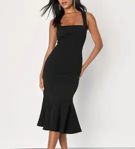 Women's Square Neck Midi Dress with Trumpet Sleeve Zipper Decoration Natural Waist Breathable Washable Solid Pattern for Summer