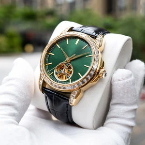 OEM Factory Customized Logo Men Luxury Diamond Bezel Automatic Watches Fashion Leather Strap Skeletonized Mechanical Watch