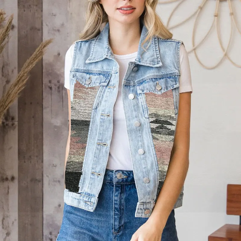 Shop Our Summer Western Ethnic Aztec Print Patchwork Denim Vest